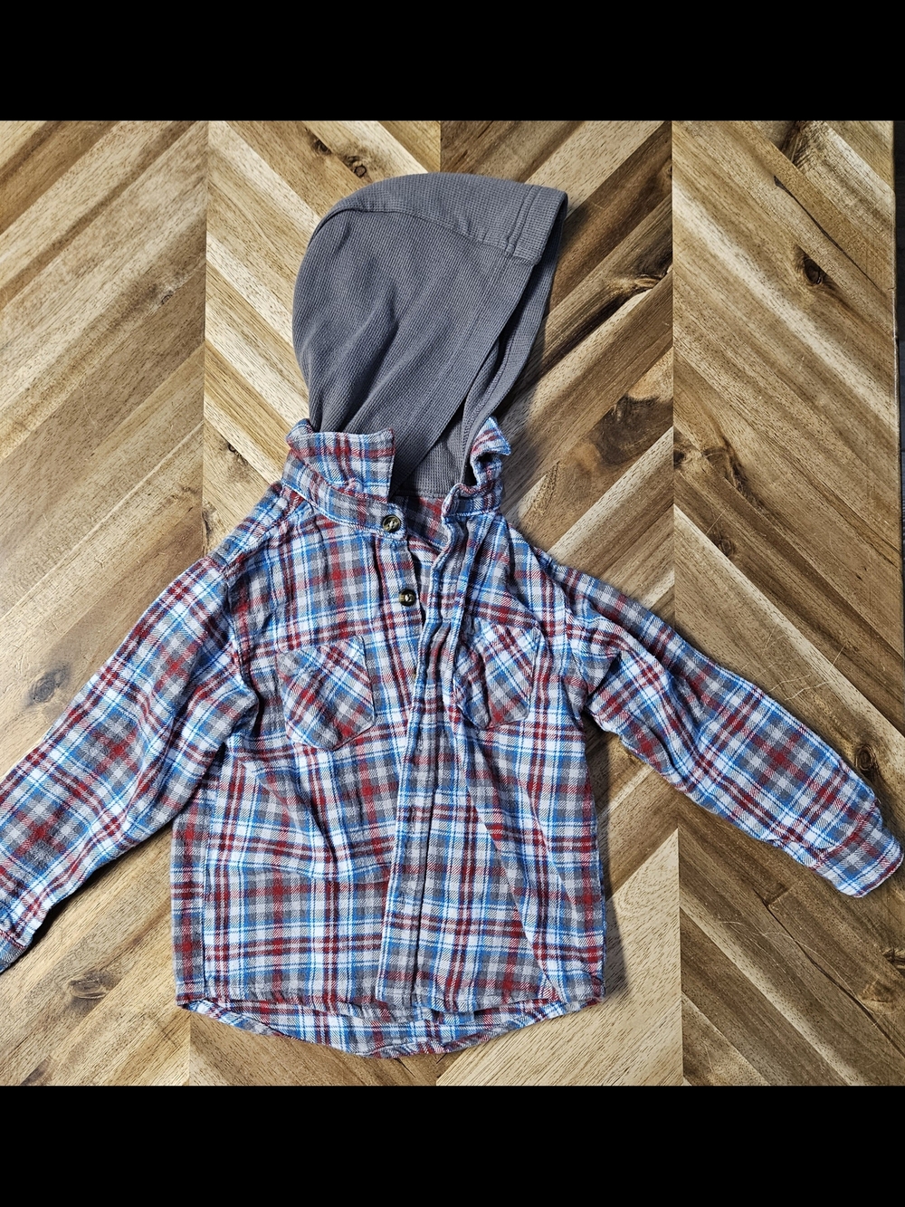 Toughskins Plaid Hooded Button-Down Shirt in Red, Blue & Gray